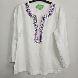Pappagallo Women M White Linen Blend Tunic Top Blouse Pink Blue Embroidered
